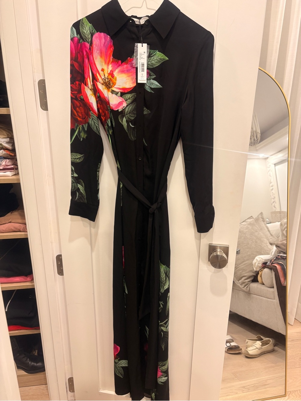 Alice + Olivia Black Maxi Shirt Dress with Pink & Red Floral Print